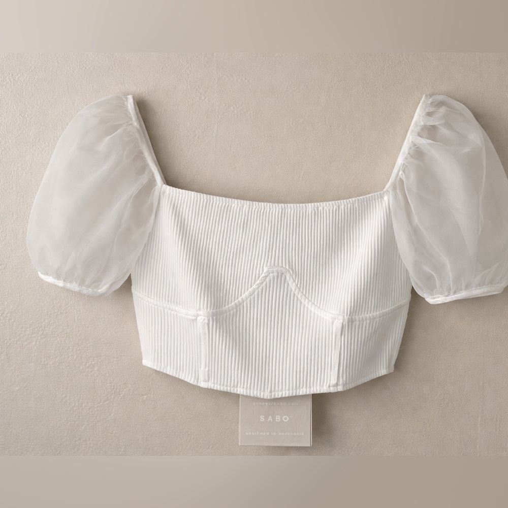 Sabo white short puff sleeve corset cropped top